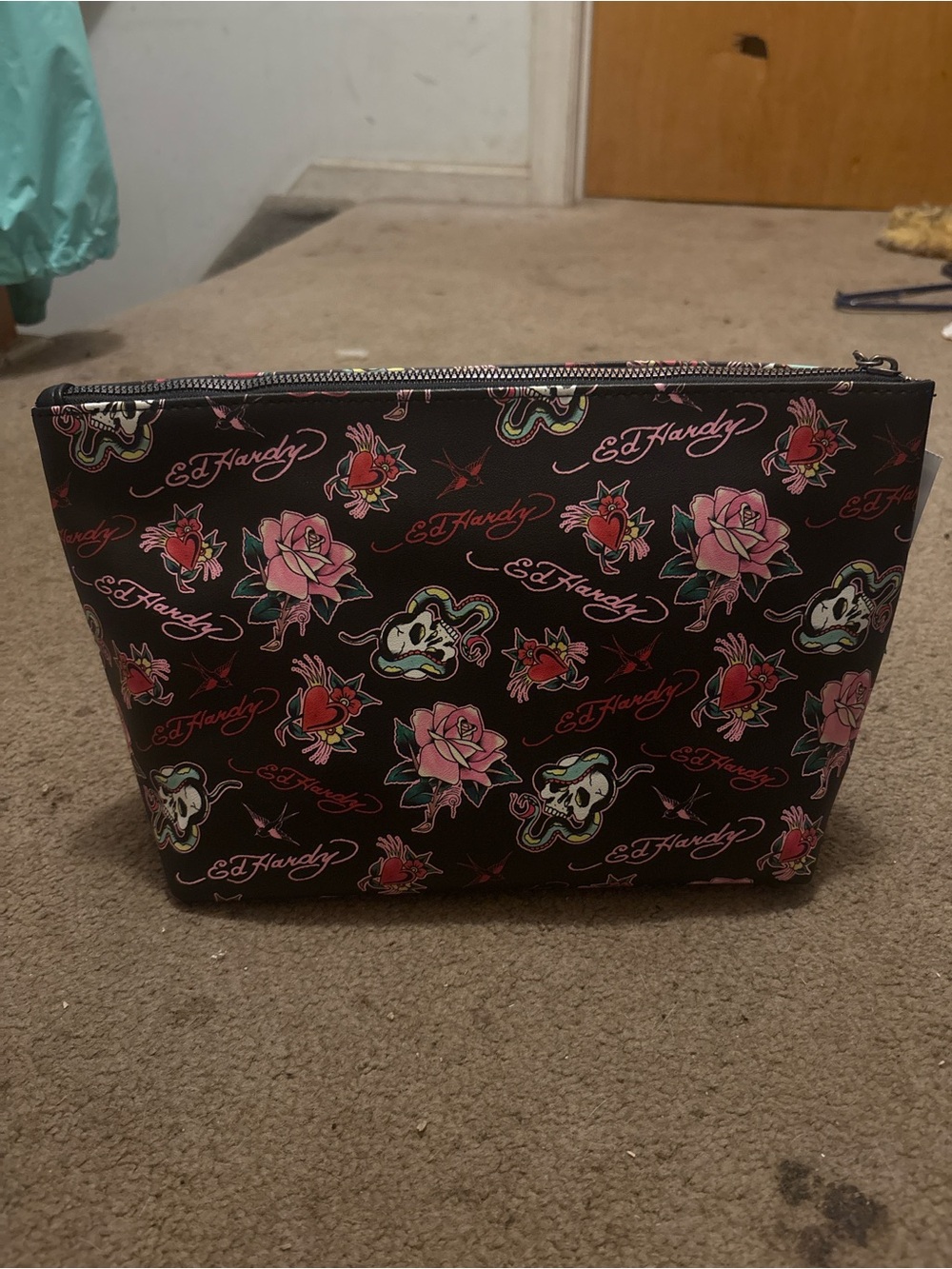 Ed Hardy Black Cosmetic Bag with Pink Rose & Tattoo Motifs